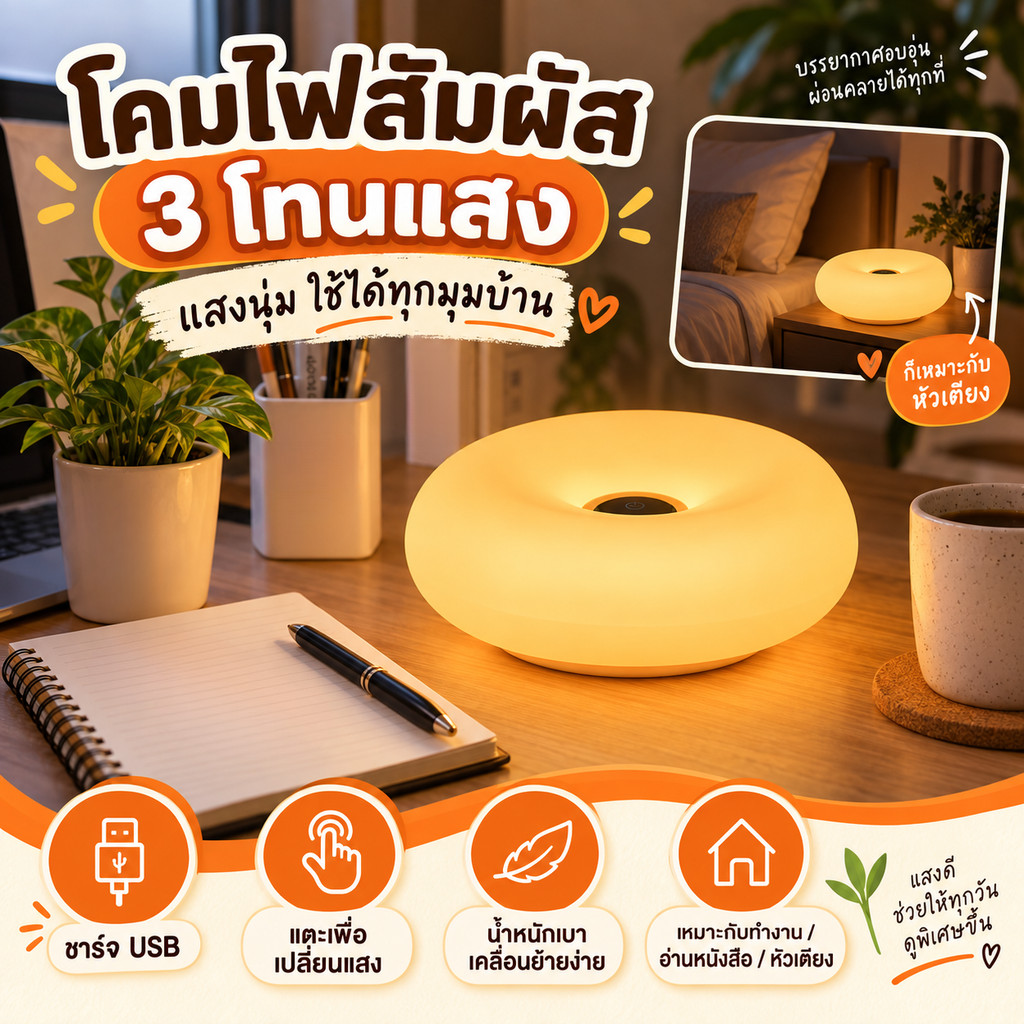 โคมไฟตั้งโต๊ะ LED รูปโดนัท โคมไฟหัวเตียง ระบบสัมผัส ปรับความสว่างได้ ชาร์จ USB ไฟตกแต่งห้องนอน ส่งจากไทย