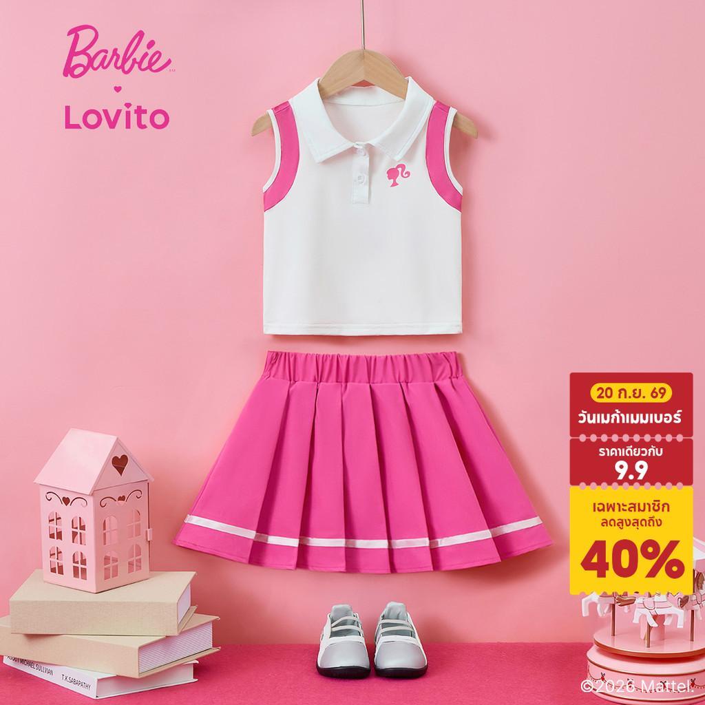 Barbie™ X Lovito Kids แคชชวล ชุดเซ็ตกระโปรงน่ารัก กระโปรงพลีท กระดุม สีชมพู สําหรับผู้หญิง เกาหลี อินเทรนด์ KSBL3PAD056