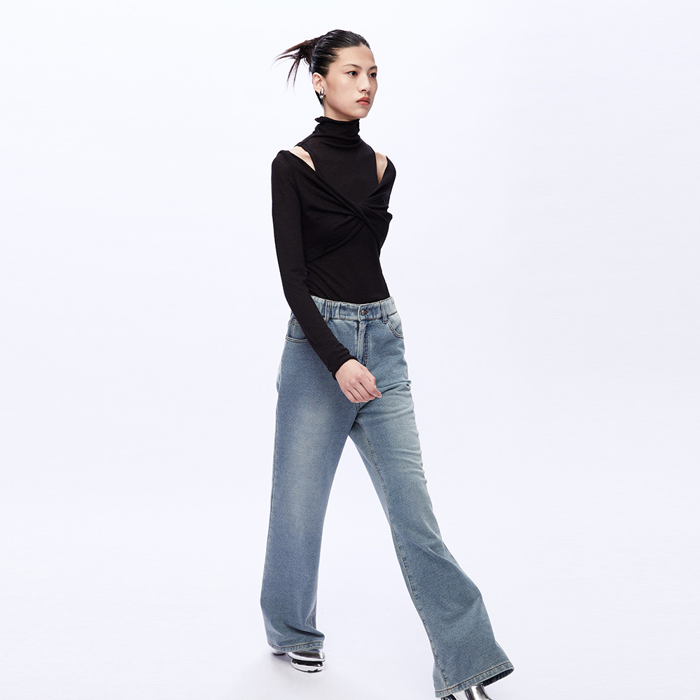 UOOYAA เสื้อกันหนาวฤดูใบไม้ร่วง สีดำ เสื้อยืดถักด้วยขนสัตว์ปิดไหล่