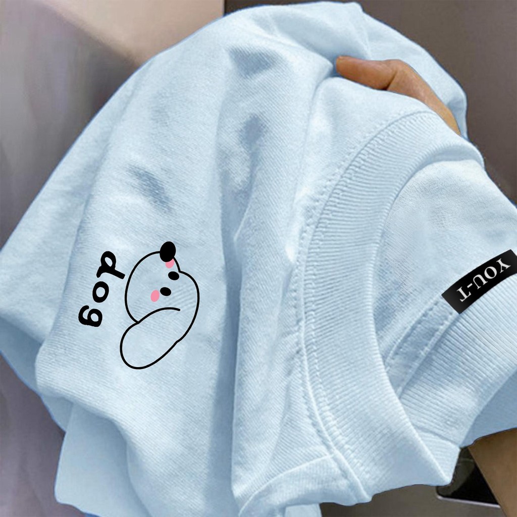 TeeTwoOneเสื้อเขียว oversize เกาหลีสไตล์ เสื้อยืดผู้หญิงผ้าคอตตอน100%ใส่สบาย ลาย "DOG"เกาหลีสไตล์ทรงหลวม【COD】