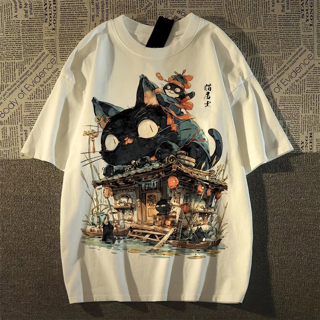 🚚【จัดส่งจากไทย】เสื้อยืดพิมพ์ลายลูกแมวการ์ตูนย้อนยุคญี่ปุ่น แขนสั้น คอกลม ผ้าเนื้อนุ่ม สวมใส่สบาย