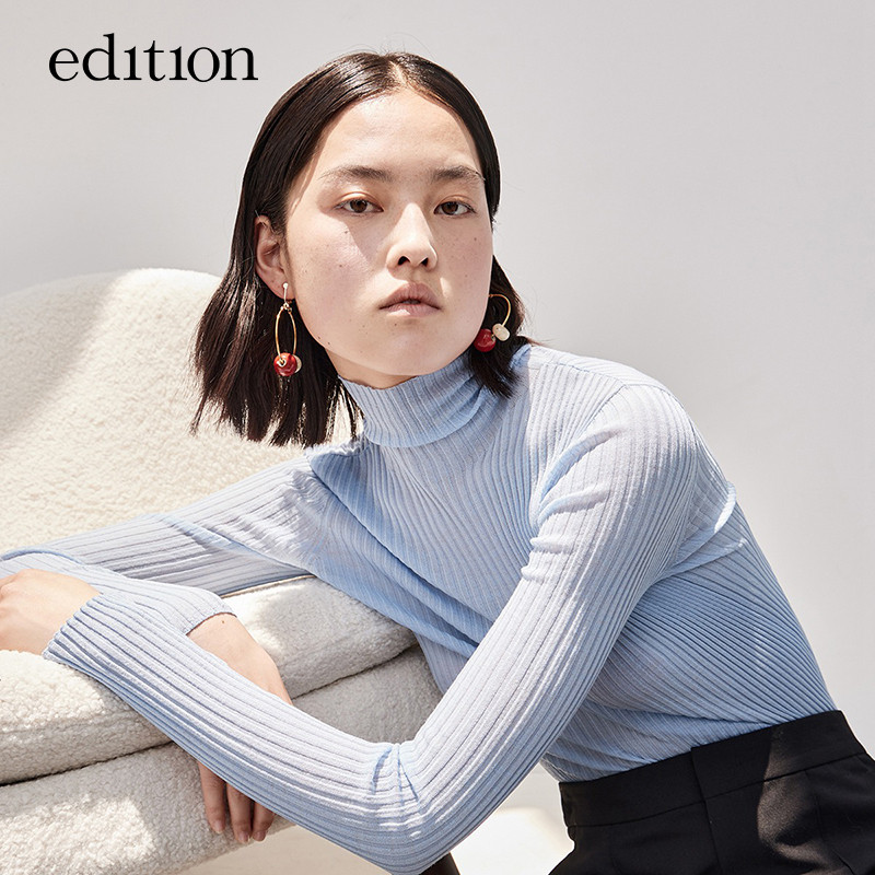 Edition เสื้อคอเต่าเสื้อกันหนาวผู้หญิงฤดูใบไม้ร่วงบางผ้าไหมขนสัตว์ถักฐานด้านบน WOOLMARKEBA3SWT022