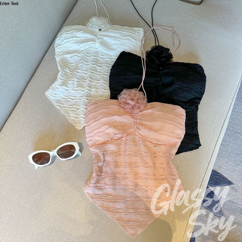 Glassy Sky 💖พร้อมส่ง💖เสื้อกล้ามผู้หญิง เสื้อเกาะอกไหมพรม ผูกคล้อง แถมเข็มกัดดอกไม้ (09008) -C
