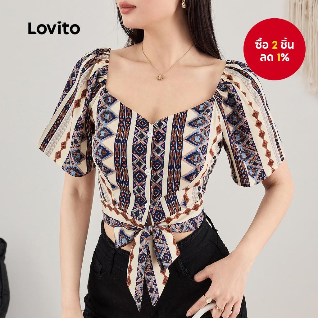 ผู้หญิง Boho เสื้อเรขาคณิต Lace Up เสื้อฤดูร้อน L124AD417