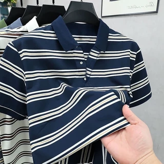 Chaistyle เสื้อโปโล ลายทางสำหรับฤดูร้อน แขนสั้นชายวัยกลางคน แบบหลวม แมทช์ลุคง่าย สไตล์ธุรกิจ/ลำลอง ขนาด M-3XL