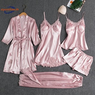 Ziyunshan 5PC ผ้าไหม Robe Sleep ชุดสตรีลูกไม้ซาตินชุดนอนชุดน…