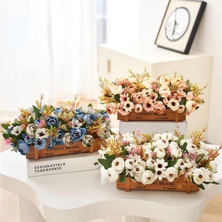 BHQ ดอกไม้ปลอม บอนไซประดิษฐ์ พร้อมถาดไม้ สำหรับตกแต่งบ้าน ออฟฟิศ ห้องน้ำ ระเบียง สวน