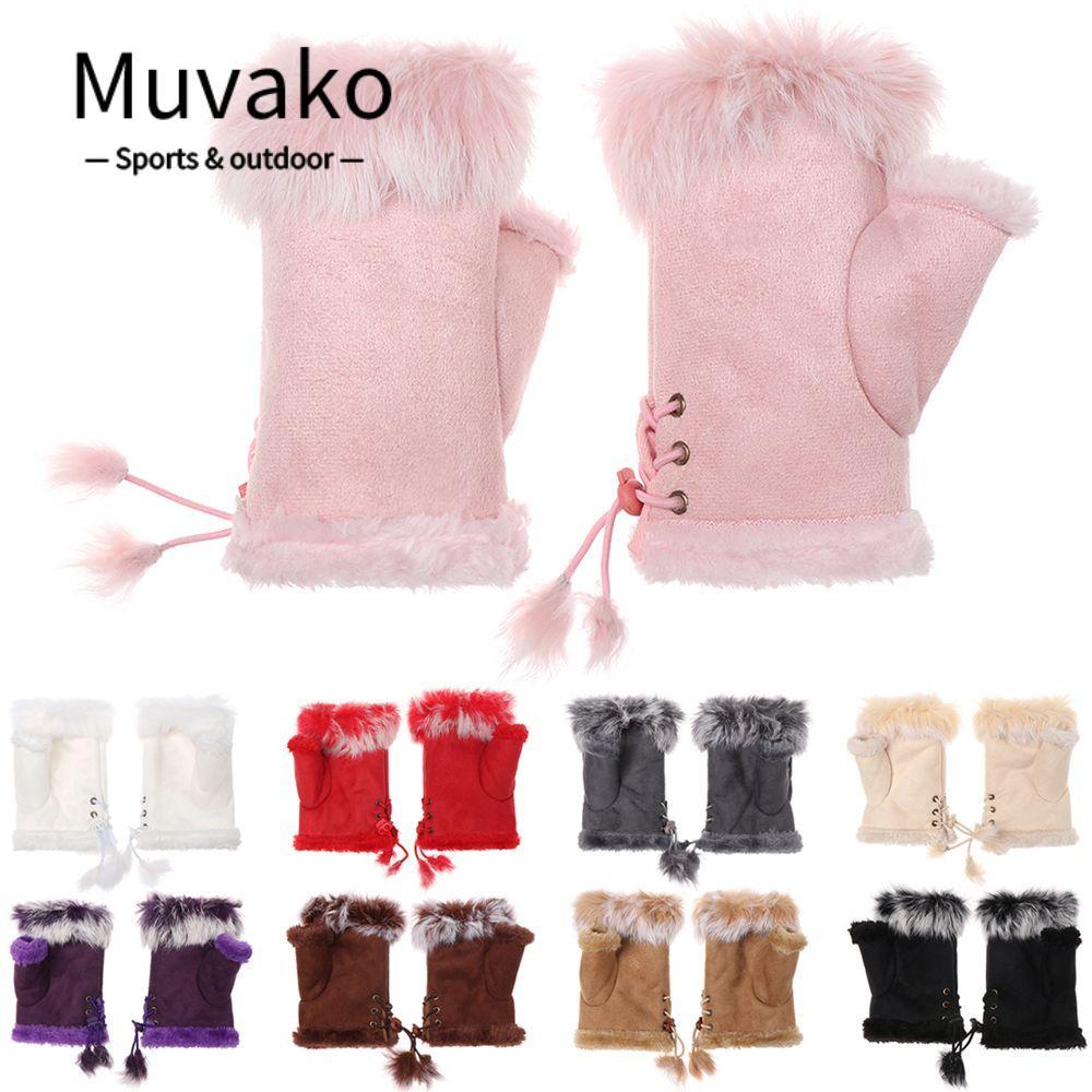 MUVAKO Wrist Mitten Women Lady Half Finger Winter Rabbit Fur