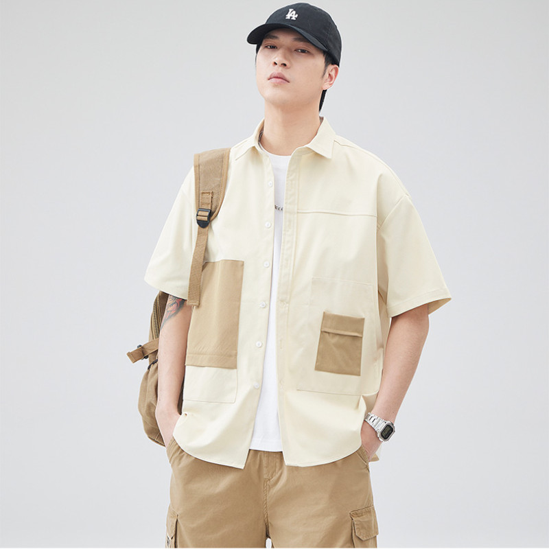 M-3XL เสื้อเชิ้ตผู้ชาย แขนสั้น เสื้อยืด หลวม ปกเสื้อ เสื้อตัวบน ผ้าเย็บสี เสื้อสำหรับใส่ทำงาน