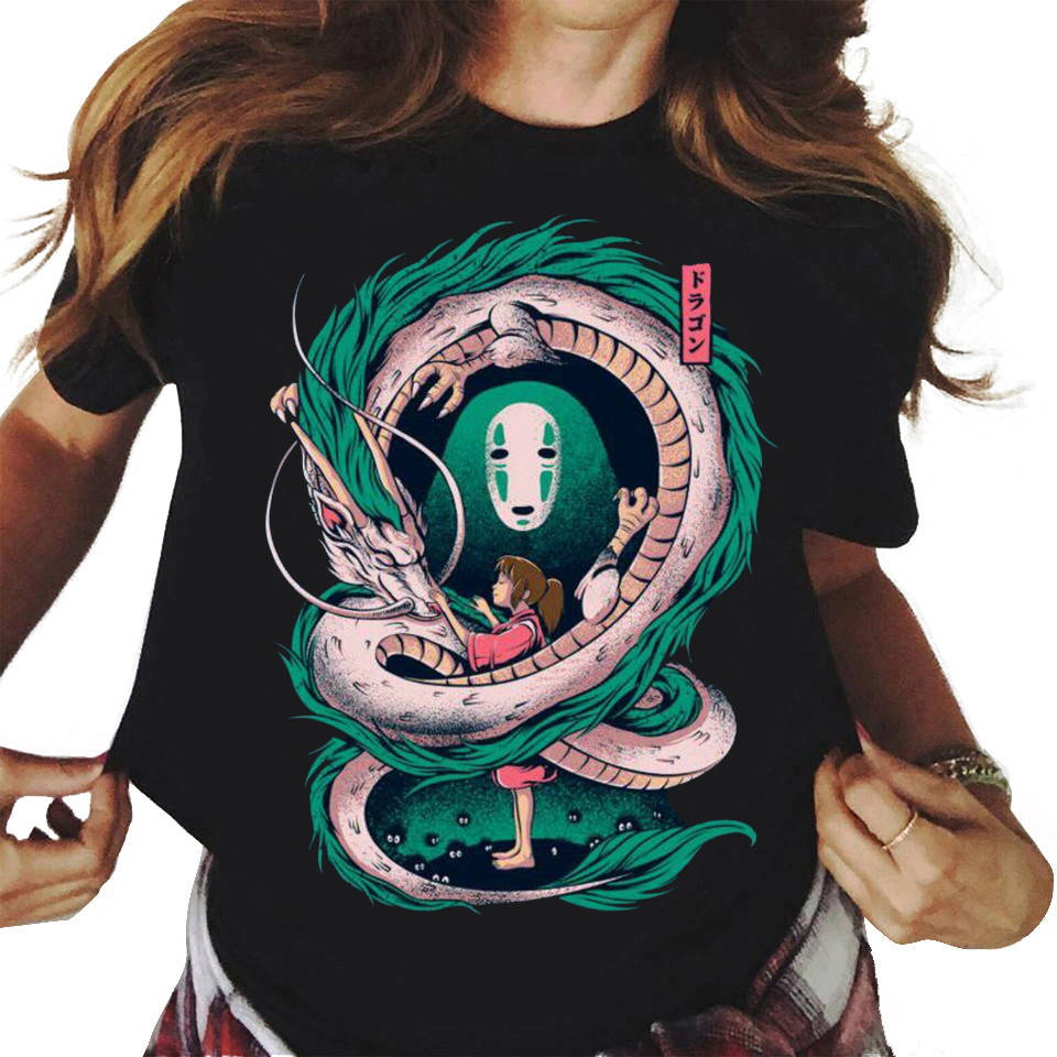 Spirited Away Hayao Miyazaki Spirited Away Hayao Miyazaki อะนิเมะพิมพ์แขนสั้นเสื้อยืดผู้หญิง