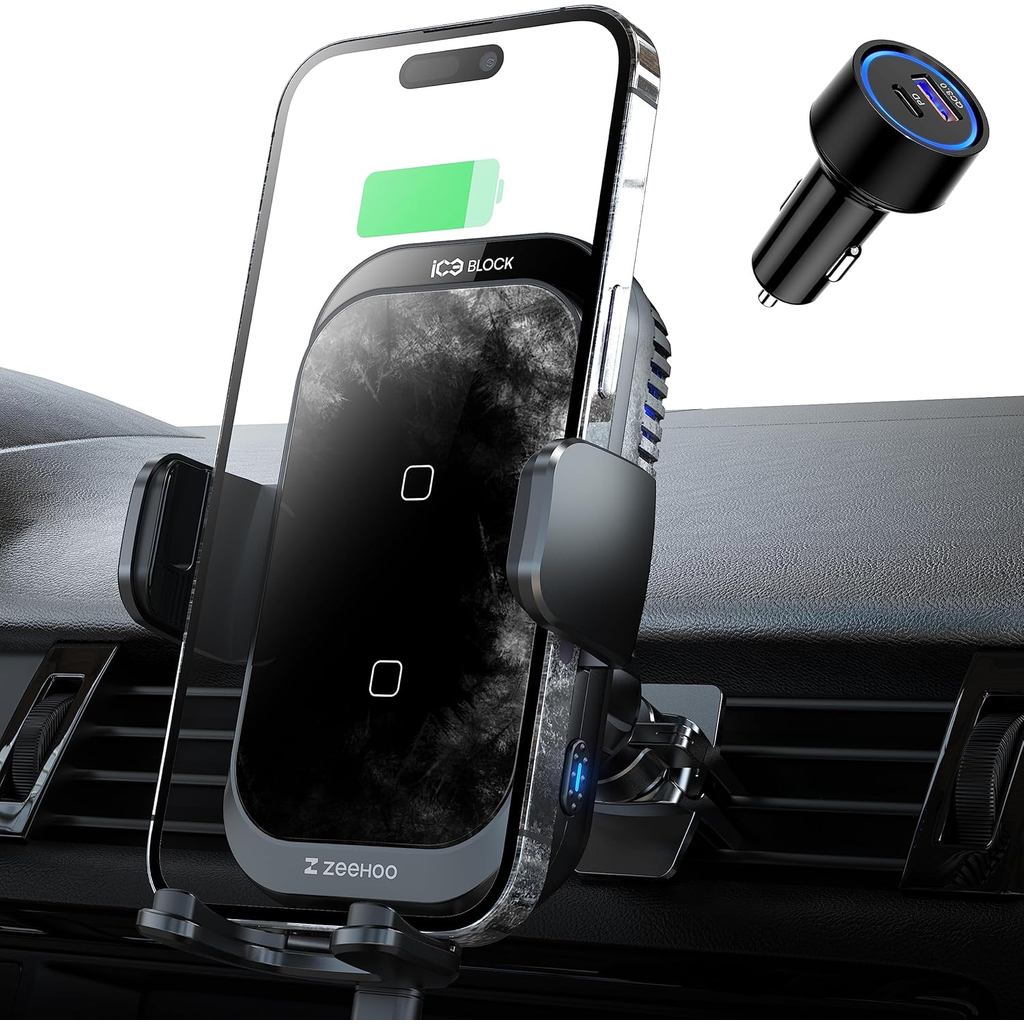 [น้ําแข็งระบายความร้อนชาร์จ] Wireless Car Charger, ZeeHoo 15W ICEBLOCK Dual Coils Fast Charging Auto