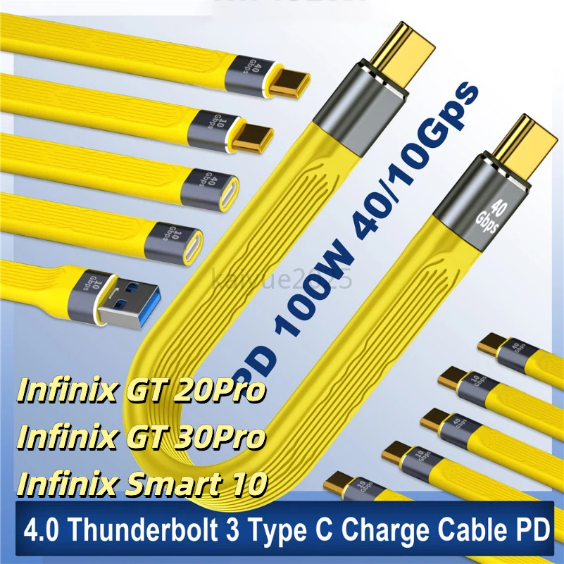 สีเหลือง USB 4.0 Thunderbolt 3 ประเภท C สายชาร์จ PD 100W 5A Fast สายชาร์จ USB C Charger 4K @ 60Hz 40Gbps เชือกข้อมูลสายสําหรับ Infinix หมายเหตุ 50 GT20Pro typec fast charger