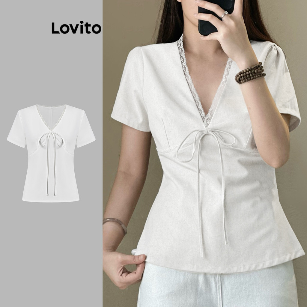 (KOL‘s pick) Lovito เสื้อเบลาส์ผูกเชือกคอระบายธรรมดาหรูหราสําหรับผู้หญิง L120ED139
