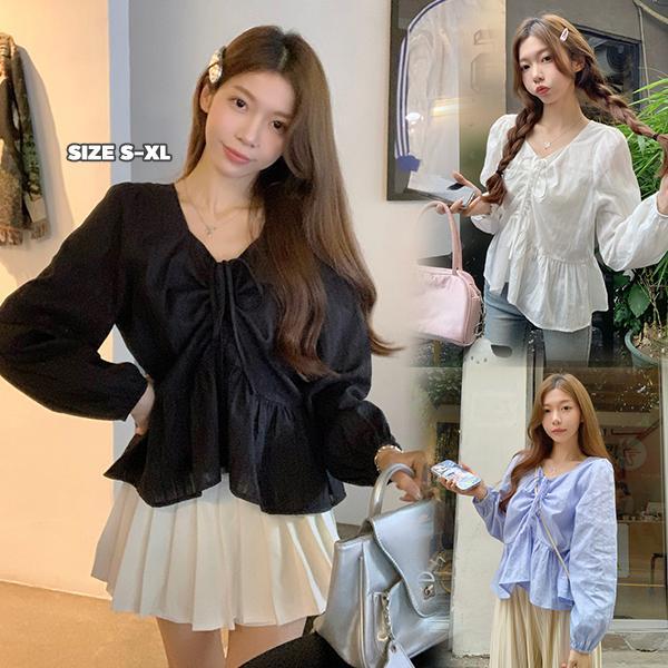 mimi&didi#เสื้อเชิ้ตคอวีสีขาวสำหรับผู้หญิง เสื้อท็อปสีดำ สไตล์ตุ๊กตา ต้นฤดูใบไม้ผลิ ไซส์ใหญ่ แขนยาว หวานและน่ารัก#99253 ราคา ถูกที่สุด ดีลบีเคเค