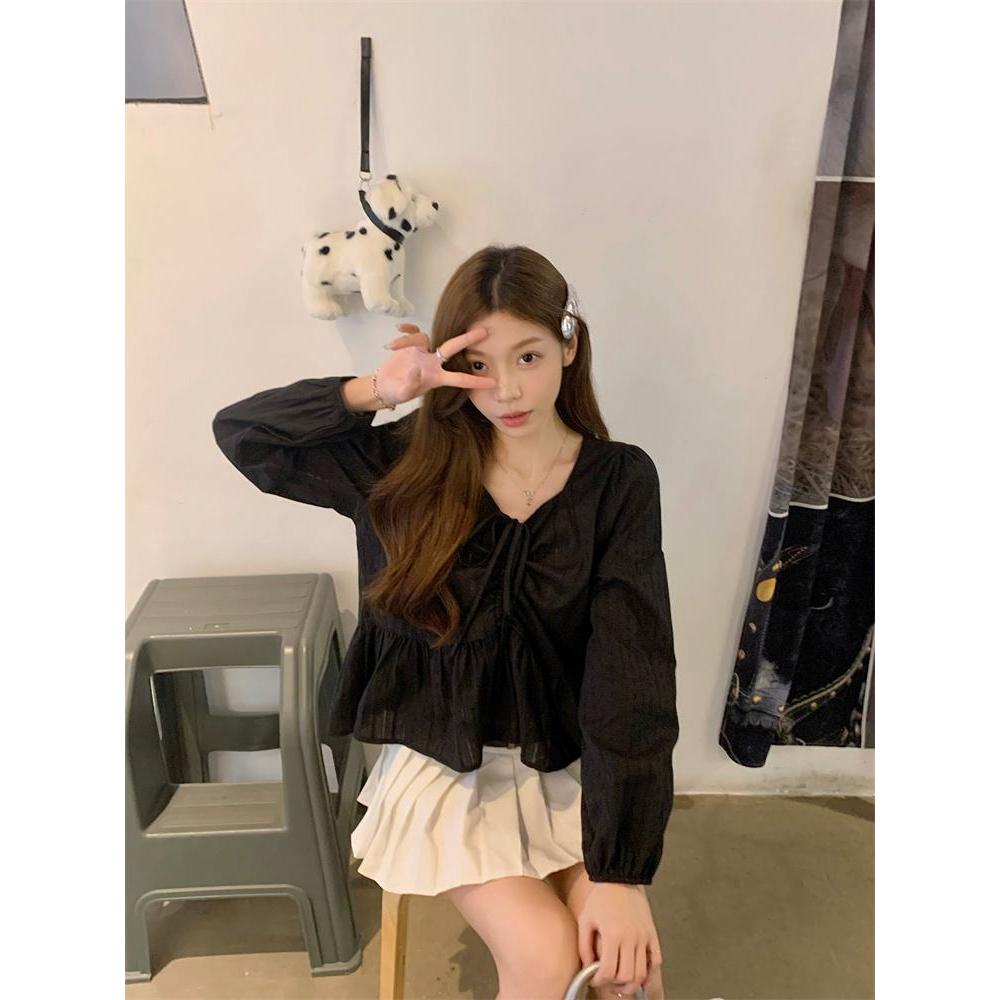 mimi&didi#เสื้อเชิ้ตคอวีสีขาวสำหรับผู้หญิง เสื้อท็อปสีดำ สไตล์ตุ๊กตา ต้นฤดูใบไม้ผลิ ไซส์ใหญ่ แขนยาว หวานและน่ารัก#99253 ราคา ถูกที่สุด ดีลบีเคเค แกลเลอรีภาพที่ 2