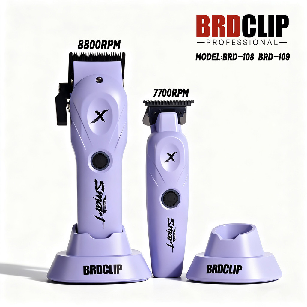 ใหม่ร้านตัดผม BRDCLIP BRD108 BRD109 สีม่วง Professional Hair Clipper 8800RPM ไฟฟ้า Trimmer 7700RPM พร้อม DLC ใบมีดฐาน Charger