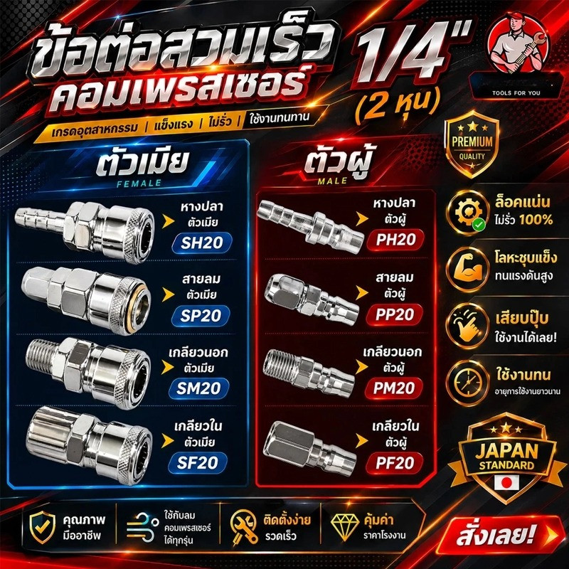 ข้อต่อสวมเร็ว คัปเปิล ขนาด 1/4" (2 หุน) ข้อต่อ คอปเปอร์ ใช้ต่อกับสายลม ข้อต่อสายลม ปั๊มลม เครื่องมือ เกลียวนอก เกลียวใน