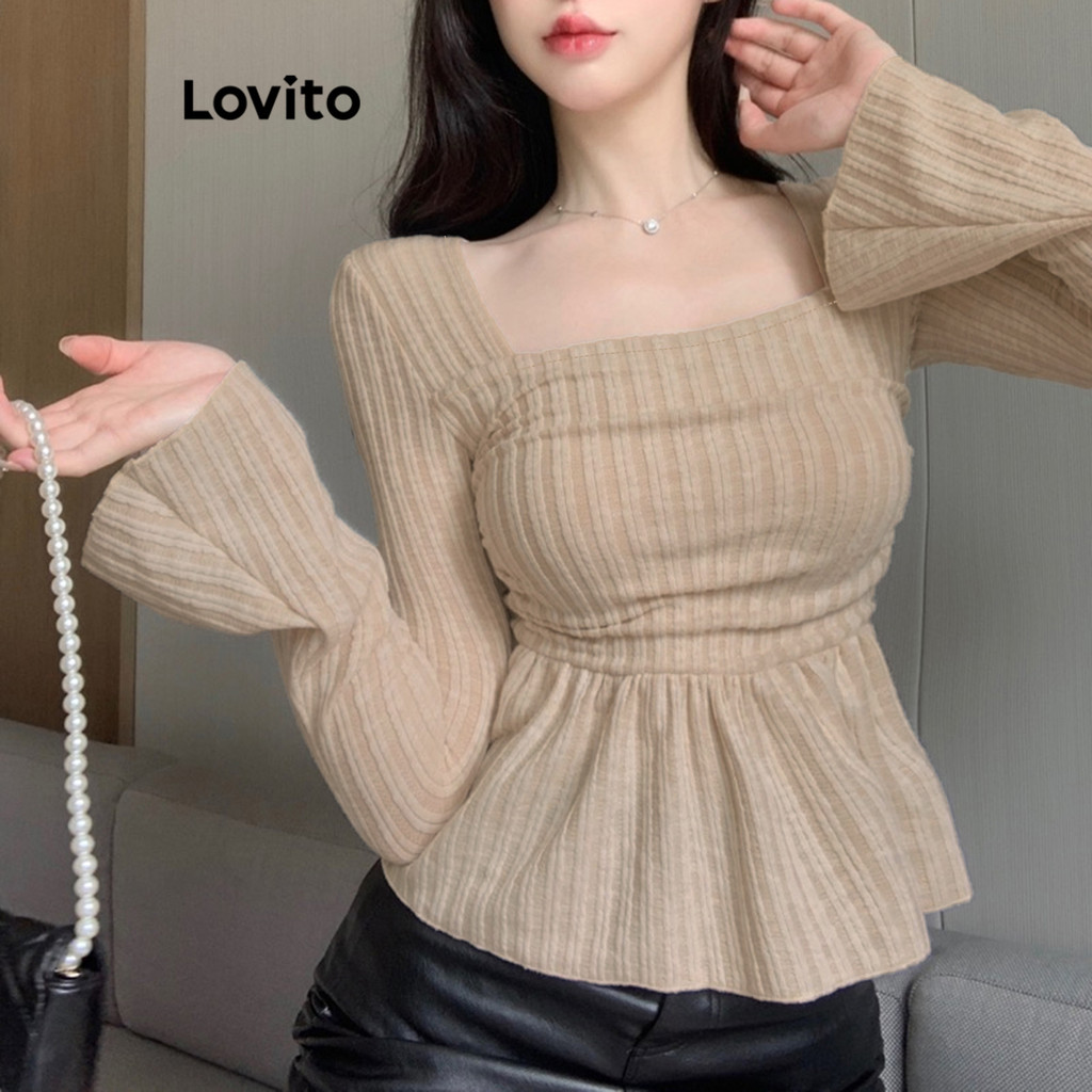 Lovito เสื้อยืดฤดูใบไม้ร่วงและฤดูหนาวลําลองธรรมดา ยักไหล่ เสื้อยืดคอสี่เหลี่ยมสําหรับผู้หญิง LNE29197