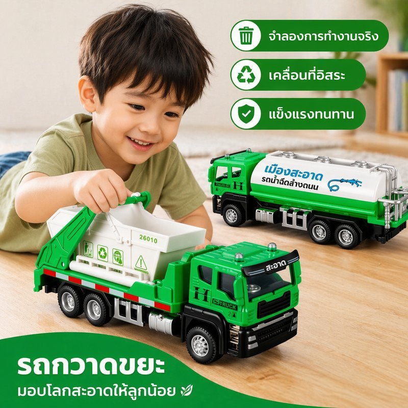 ของเล่นรถขยะโลหะผสม รถบรรทุกขยะ แรงเฉื่อย ไม่ใช้แบต เปิดท้ายยกเทได้ โมเดลรถวิศวกรรม