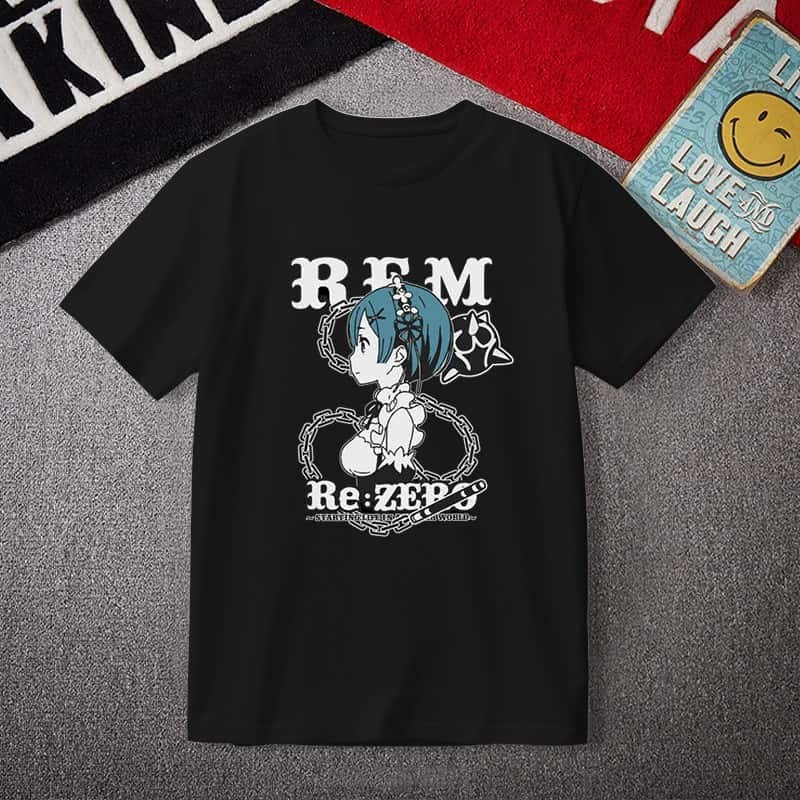 เสื้อยืด Rem Re:ZERO -Starting Life in Another World คอตตอน 100% เสื้อยืดอนิเมะสีดำ ลายการ์ตูนเท่ๆ เ