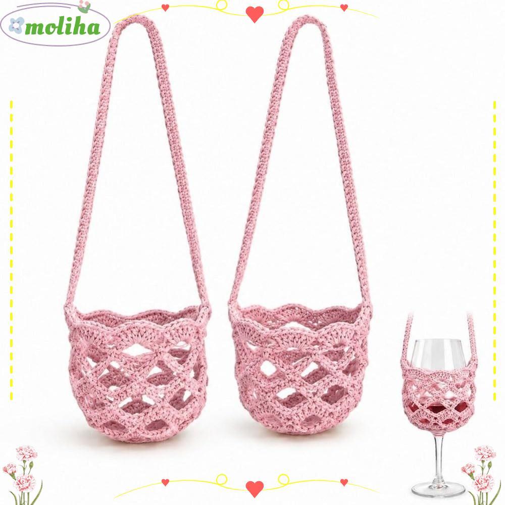 โมลิฮา เครื่องดื่มขวด ค มาถึง,สีทึบถักโครเชต์เครื่องดื่มแก้ว ค โรสบอดี กระเป๋า,แบบพกพาแฮนด์เมดตาข่ายสิริกระเป๋าพรรคตกแต่ง