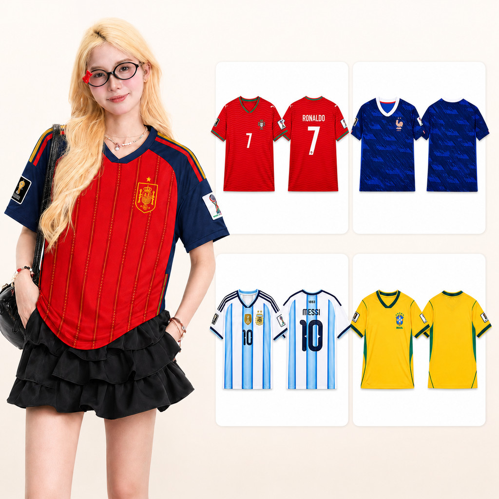 เสื้อเจอร์ซีย์ผู้หญิงคอวี ทรงโอเวอร์ไซซ์ ลายทีมชาติ บราซิล อาร์เจนตินา เกาหลี สเปน ฝรั่งเศส