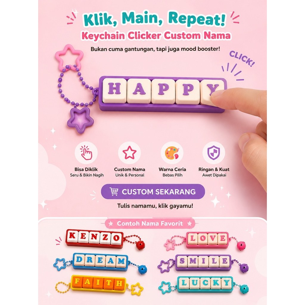 GANTUNGAN CUSTOM CLICKER NAME KEYCHAIN/3D FIDGET คีย์บอร์ด NAME KEYCHAIN/UNIQUE SOUVENIR