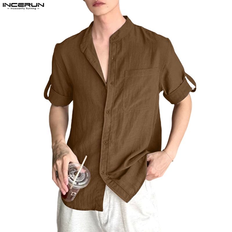 ไม่แน่นอน ชายคอตั้งสีทึบเสื้อแขนห้าส่วน