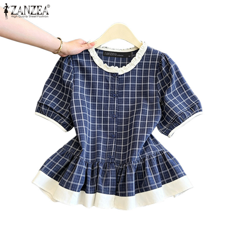 ZANZEA ผู้หญิงเกาหลี Frensh Girly Retro ลูกเรือคอพัฟแขน Contrast สี Ruffles Hem เสื้อลายสก๊อต