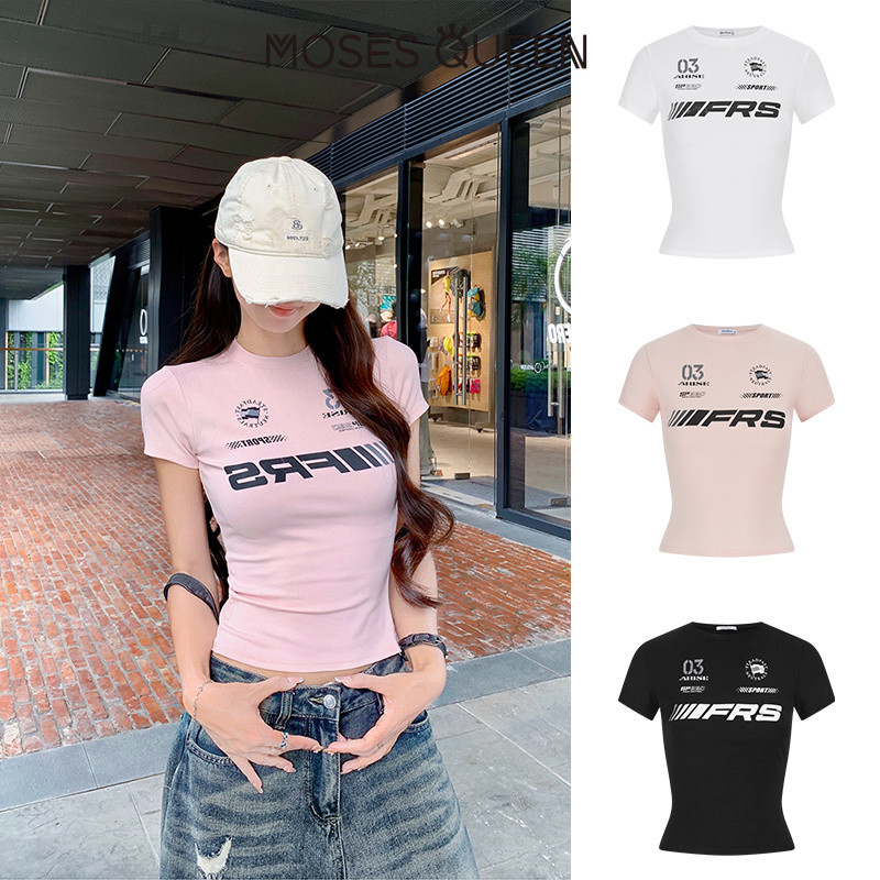 MOSESQUEEN ความเมตตา เสื้อยืดทรงเข้ารูปแบบสปอร์ตสไตล์เรียบง่ายสําหรับผู้หญิงในฤดูร้อนย้อนยุคสไตล์อเมริกันเสื้อแขนสั้นน่ารักคอกลม #63789