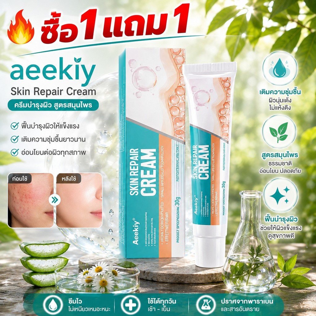 [ซื้อ 1 แถม 1]aeekiy Herbal Soothing Repair Cream ครีมบำรุงผิวสูตรสมุนไพร ดูแลผิวแห้ง เติมความชุ่มชื้น ผิวนุ่ม ซึมไว