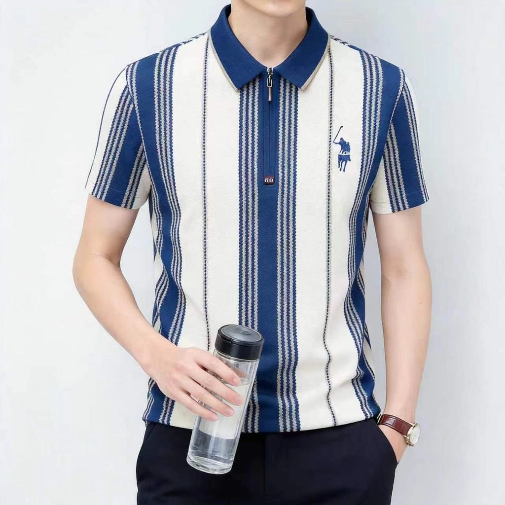 เสื้อโปโลคุณภาพพรีเมียม ผู้ชาย แขนสั้น คอปกซิปหน้า ลายทางพิมพ์ผ้า ผ้าไอซ์ซิลค์ หายใจได้ดี สไตล์โมเดิร์น ทรงเข้ารูปร่าง