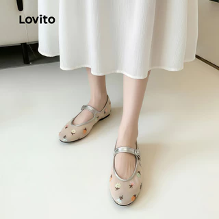 Lovito วันหยุด Mary Janes รองเท้าลําลอง ลายปักผ้าตาข่าย โทนแอปริคอต ผู้หญิง รุ่น LFA112032