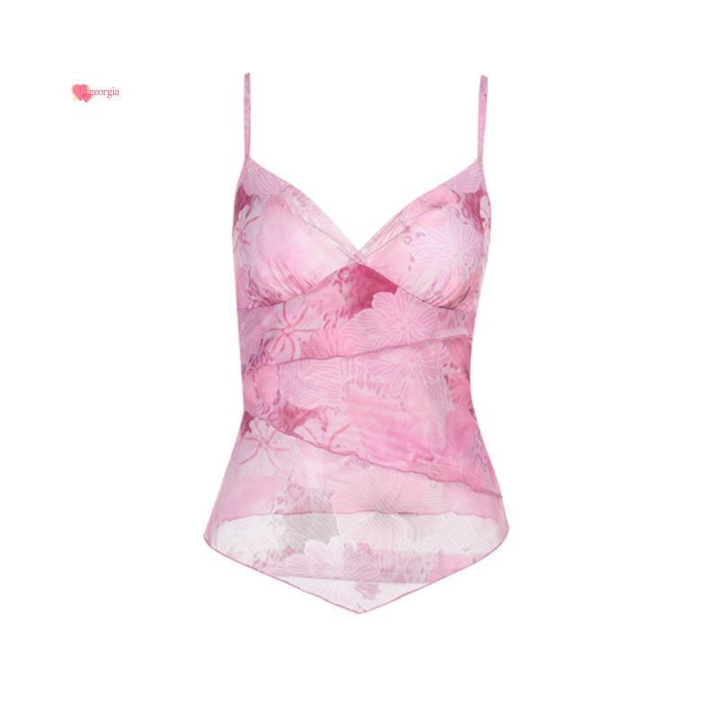 georg33WomenS Y2k Floral Tops V คอห่อไม่สม่ําเสมอ Hem แขนกุดสปาเก็ตตี้เสื้อกล้าม