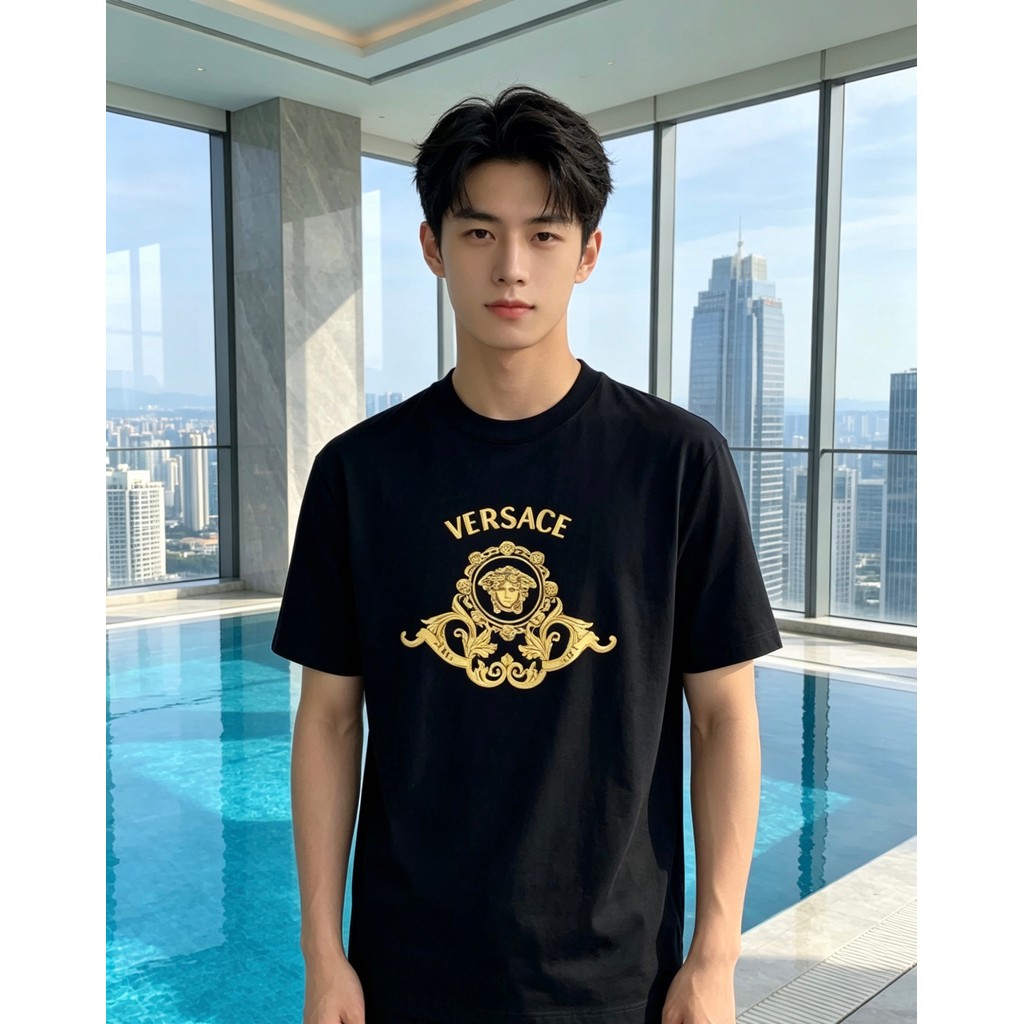 Versace เสื้อยืด/Versace tee พิมพ์แขนสั้นผู้ชายผู้หญิงเสื้อยืดลําลองเสื้อยืดหลวม Retro ฟิตเนสยุโรปอเ