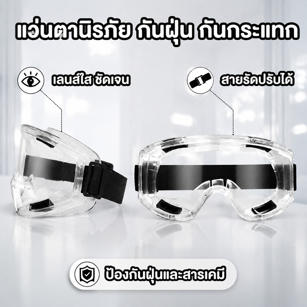 แว่นตานิรภัยปกป้องรอบทิศทาง เลนส์ใส แว่นกันกระแทกกันฝุ่น