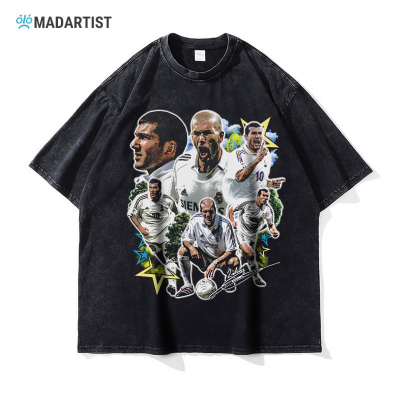 MADARTIST Zidane เสื้อยืด Football Star Zinedine Zidane Washed Distressed Retro แขนสั้นชาย