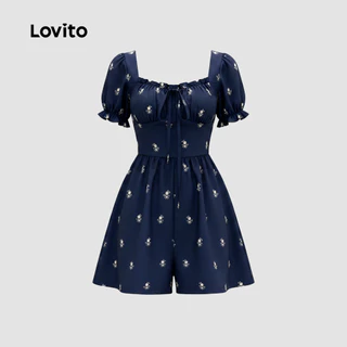 (New Arrival) Lovito จั๊มสูทลําลองสีน้ําเงินเข้ม โบว์ระบาย เหมาะสําหรับฤดูใบไม้ผลิ/ฤดูร้อนสําหรับผู้หญิง เกาหลี อินเทรนด์ LK7AD299