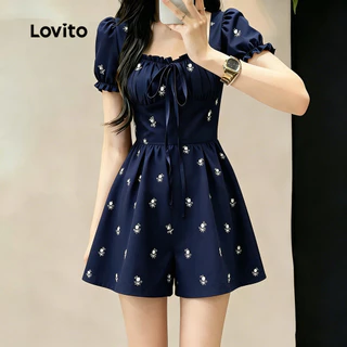 (New Arrival) Lovito จั๊มสูทลําลองสีน้ําเงินเข้ม โบว์ระบาย เหมาะสําหรับฤดูใบไม้ผลิ/ฤดูร้อนสําหรับผู้หญิง เกาหลี อินเทรนด์ LK7AD299