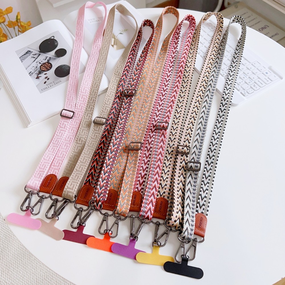 สายคล้องโทรศัพท์ Boho เรขาคณิตทอผ้ากว้าง Crossbody สะพายไหล่ หนัง Patch กันตก Universal ถอดได้ทุกรุ่น