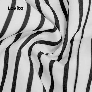 (New Arrival) Lovito จั๊มสูทลําลองผู้หญิง ดีไซน์ผูกเอวแบบเดรป ติดกระดุม สไตล์ขาวดํา เหมาะสําหรับฤดูใบไม้ผลิและฤดูร้อน JRB198P1D237