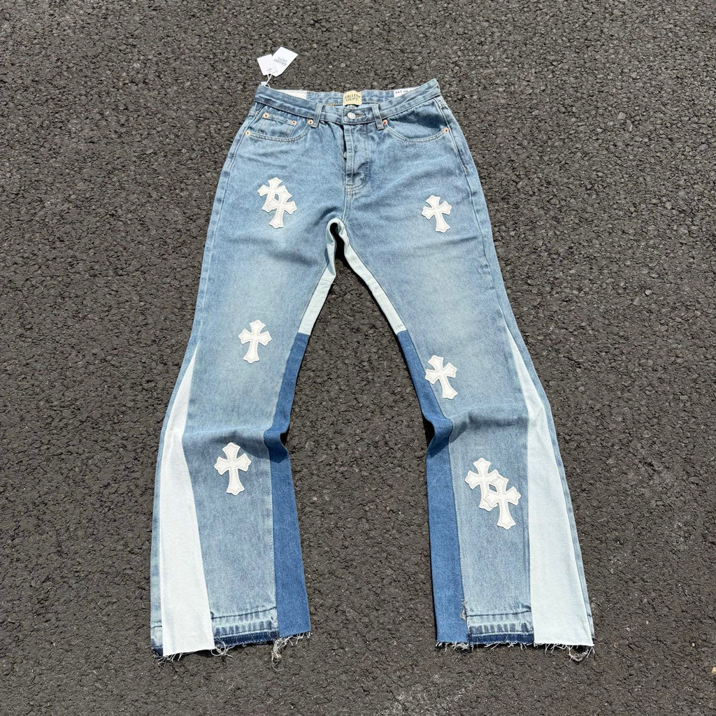 GALLERY DEPT.Crow Patch หนัง Flared กางเกงล้างน้ําเย็บกางเกงยีนส์ Street Wear กางเกงผู้ชาย