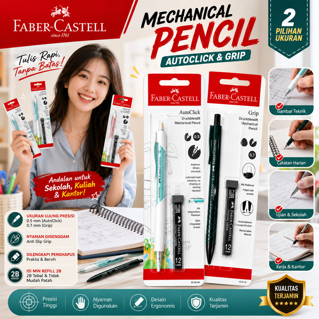 MERAH Faber Castell ดินสอกด AutoClick Grip Sketch การเขียน Precision Ergonomic Premium White 0.5 0.7