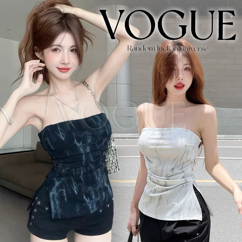 Vogue🌟พร้อมส่ง🌟 เสื้อเกาะอกลายพราง ดีไซน์ใหม่ผ่าข้างเก๋ๆ เข้ารูปมีฟองน้ำในตัว (FY33092)