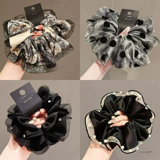 Vintage Black Series ขนาดใหญ่ซาติน Scrunchie ผม Tie หางม้าอุปกรณ์เสริมผม