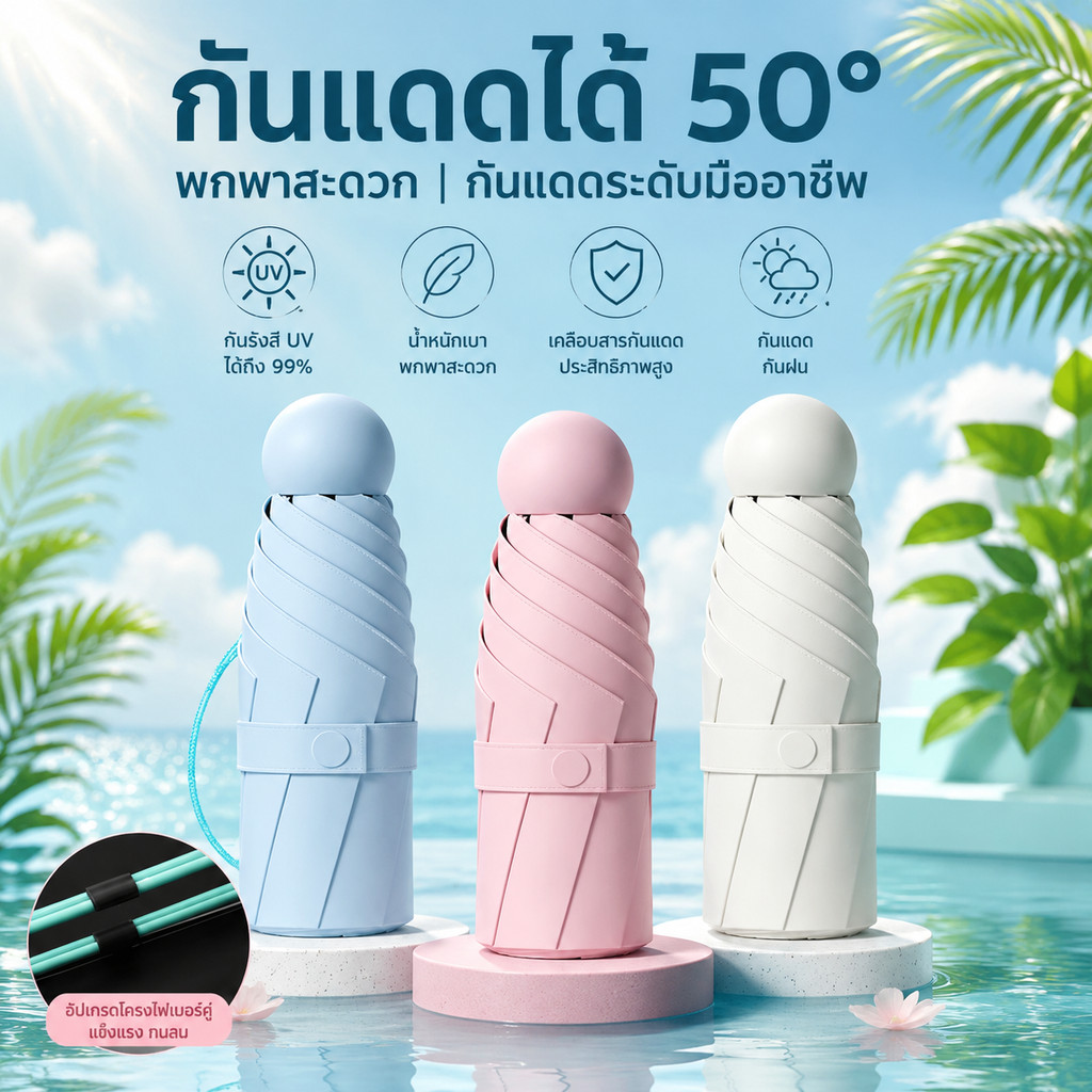 ร่มแคปซูล ร่มพับ ร่มสีมินิมอล ร่มกัน UV ร่มไซส์พกพา กันยูวี 100% ร่มมินิ ร่มขนาดเล็ก