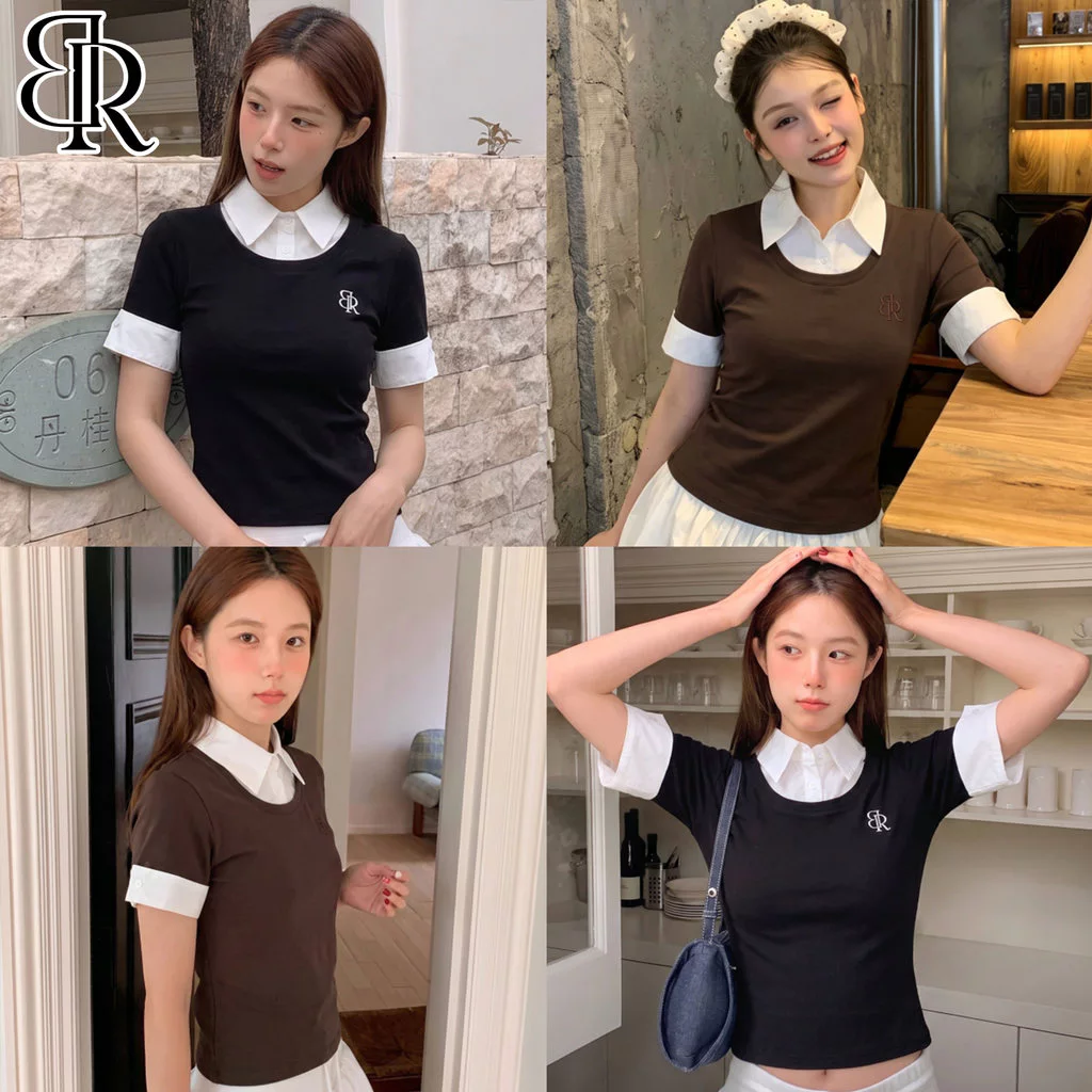 B&R พร้อมส่ง เสื้อยืดแขนสั้นคอปกปลอมสองชั้น เสื้อทรงสั้นเข้ารูปปักลาย สไตล์เกาหลีเรียบง่าย ผู้หญิง