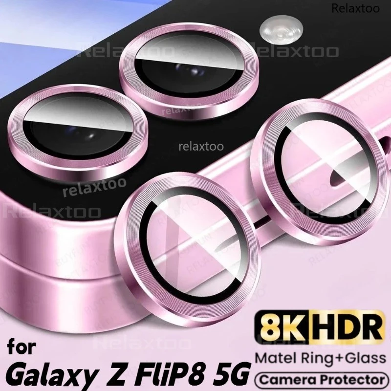 SAMSUNG เต็มโค้งเลนส์กล้องป้องกันกระจกนิรภัยสําหรับSamsung Galaxy Z Flip 8 Flip8 Zflip 8 ZFlip8 GalaxyZflip8 5G 2026 Clearแหวนโลหะกระจกนิรภัยเลนส์กล้องฝาหลังฟิล์ม