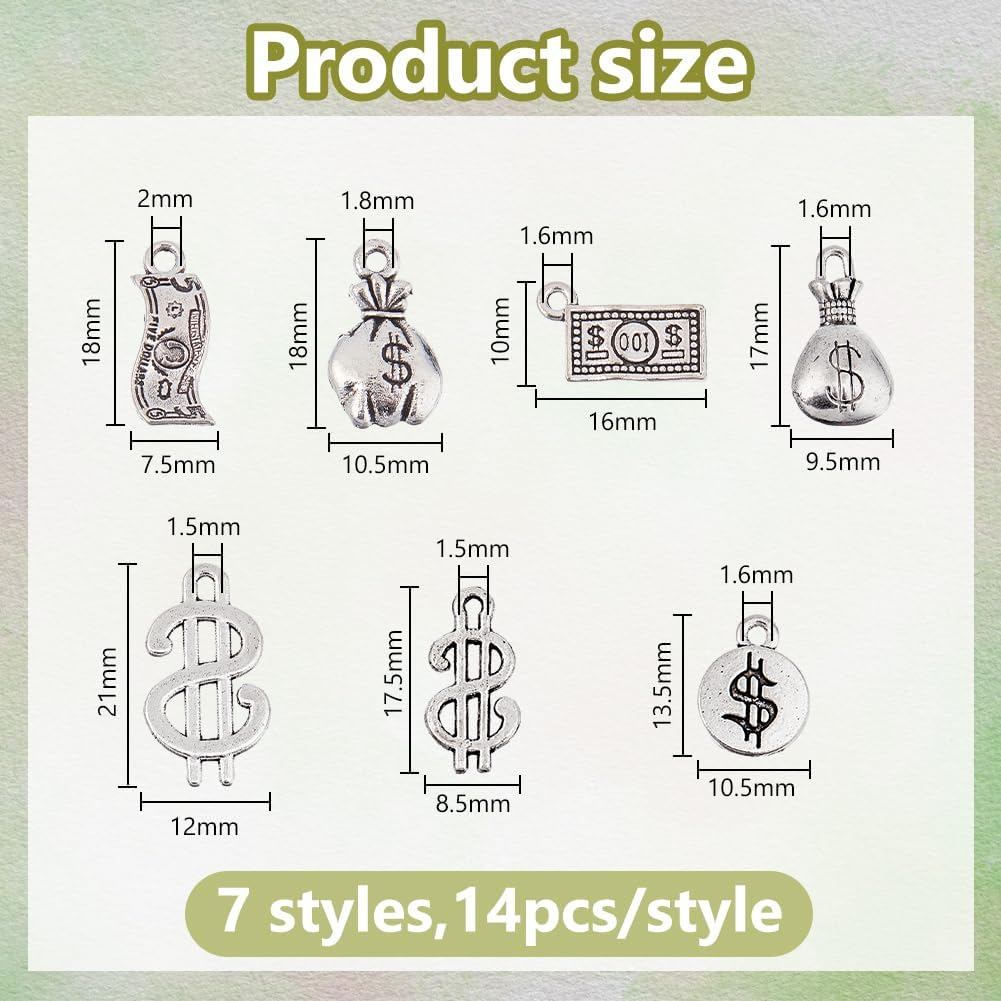 DICOSMETTIC 98 ชิ้น 7 รูปแบบเงิน Charms Bulk Dollar Sign Charm โลหะผสม Dollar Bill Charm 100 ป้ายเงิ