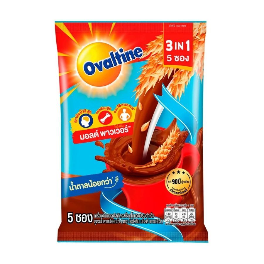โอวัลติน 3อิน1 น้ำตาลน้อยกว่า ผงมอลต์ช็อกโกแลต Ovaltine 3in1 Less Sugar Choc Malt 31g. Pack5